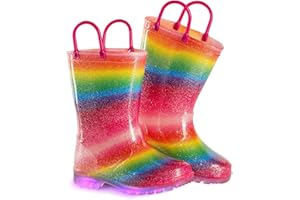 EUXTERPA Kids Toddler Light Up Wellies Glitter Welly Rain Boots for Girls with Handles for 1-9 Year Old Child