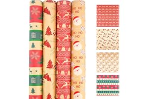 Christmas Wrapping Paper Roll,Cydaluya 4 Roll Recyclable Kraft Christma Wrapping roll,43cm*3m Xmas Wrapping Paper Rolls with 4 Vintage Designs for Christmas Decoration.