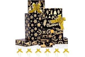 Larcenciel Carta Regalo Natale, 6 Fogli Carta da Regalo Oro Nero con 12 Adesivo e 6 fiocchi con nastro,con Alberi di Natale, Alci,Ghirlande di Neve,Carte Natalizia per Capodanno,Feste,70x50CM