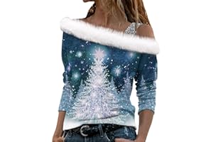 YINGUO Modisches, lässiges One-Shoulder-Langarm-Kragen-Top, Pullover, weihnachtlich bedrucktes T-Shirt Ringelshirt