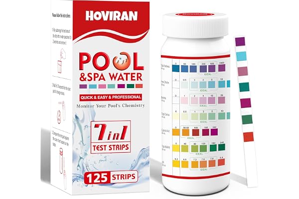 Bandelette Piscine 7 en 1, Testeur pour Eau de Piscine et Spa, 125 test pour tester Brome, alcalinité totale, pH, chlore libre, dureté totale, acide cyanurique et chlore total