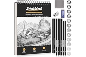 DazSpirit Cuaderno de Dibujo A4, Sketchbook con Tapa Dura y Papel Grueso 200g/m², 12 Lápices de Dibujo & Gomas, Bloc de Dibujo Espiral, 50 Hojas/100 Páginas, Perfecto para Lápices, Carbón, Pasteles