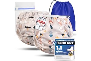 ‎KIDVERSE KIDVERSE 2er Set Schwimmwindel Baby 0-3 Jahre - Hautfreundliche Schwimmwindeln wiederverwendbar & saugstark - Baby Schwimmwindel mit Tasche & Wäschenetz (Beige Sea 2er)
