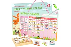 EUCLIDEAN CUBE Visual Timetable Weekly Planner for Kids - Magnetic Schedule Board with 237 Magnets, Reward Charts for Children Behaviour - Daily Routine and Chore Chart for Kids Autism (Animal Theme)
