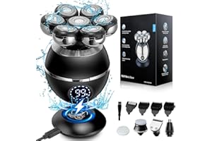 CARPOWER Head Shavers for Men, 7D Electric Head Shaver for Bald Men, 6-in-1 Wet & Dry Rotary Head Razor for Face & Head with Dispaly, Men's Grooming Kit with Beard/Nose Trimmer, Brush, Wireless Charging Base