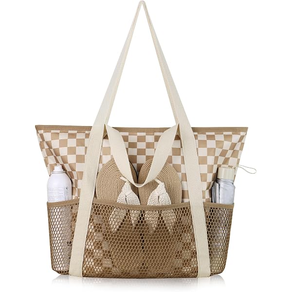 SSKHE Grand Sac De Plage Spacieux Avec Poche Intérieure Zippée - Tote Bag Femme En Toile Résistante, 50x40 Cm, 35 Litres, Idéal Vacances Famille