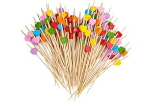 ELALOVE 100 Stück Cocktailspieße, 12 CM Schaschlikspieße Holz mit Herz, Bunte Holzspieße für Fingerfood, Obstspieße, Holzstäbchen für Snacks & Hochzeitstorte Deko