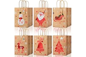 BENPEN Christmas Kraft Gift Bags 12Pcs Small Xmas Wrapping Bags for Present, Goody Gift Wrap Treat Candy Packing with Tags & Red Foiling Design-Elk Santa Claus for Party Favors Present Decor Supplies