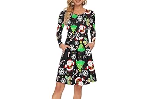 AUSELILY Women's Long Sleeve Pleated Loose Swing Casual Dress with Pockets Knee Length