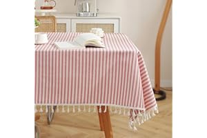 meioro Tablecloths Striped Tassel Table Cloth Rectangular Tablecloth Cotton Linen Table Cover Suitable for Home Kitchen Decoration (Red/White Stripes, 90×90cm)