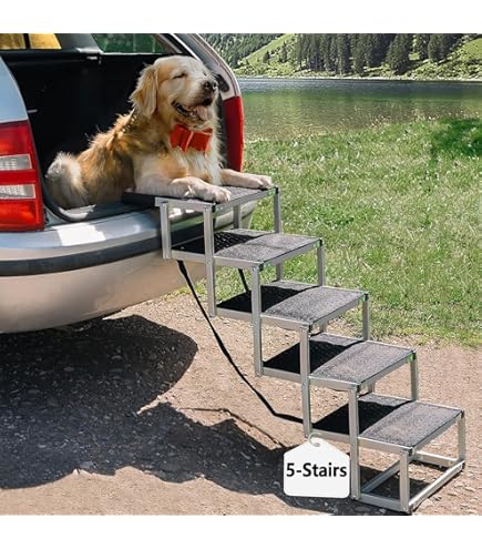 Foldable Dog Ramp For Car & Truck - 4 Step Non-Slip Ramp, Supports 250lb, Lightweight Aluminum, For Large Dogs