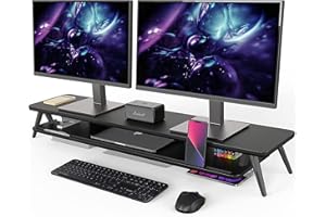 Fenge Supporto Monitor Doppio in Legno, Supporto per Monitor a 2 Strati con Ampio Spazio di Archiviazione e Supporto per Telefono/Tablet 108x23,5x14,5cm Nero