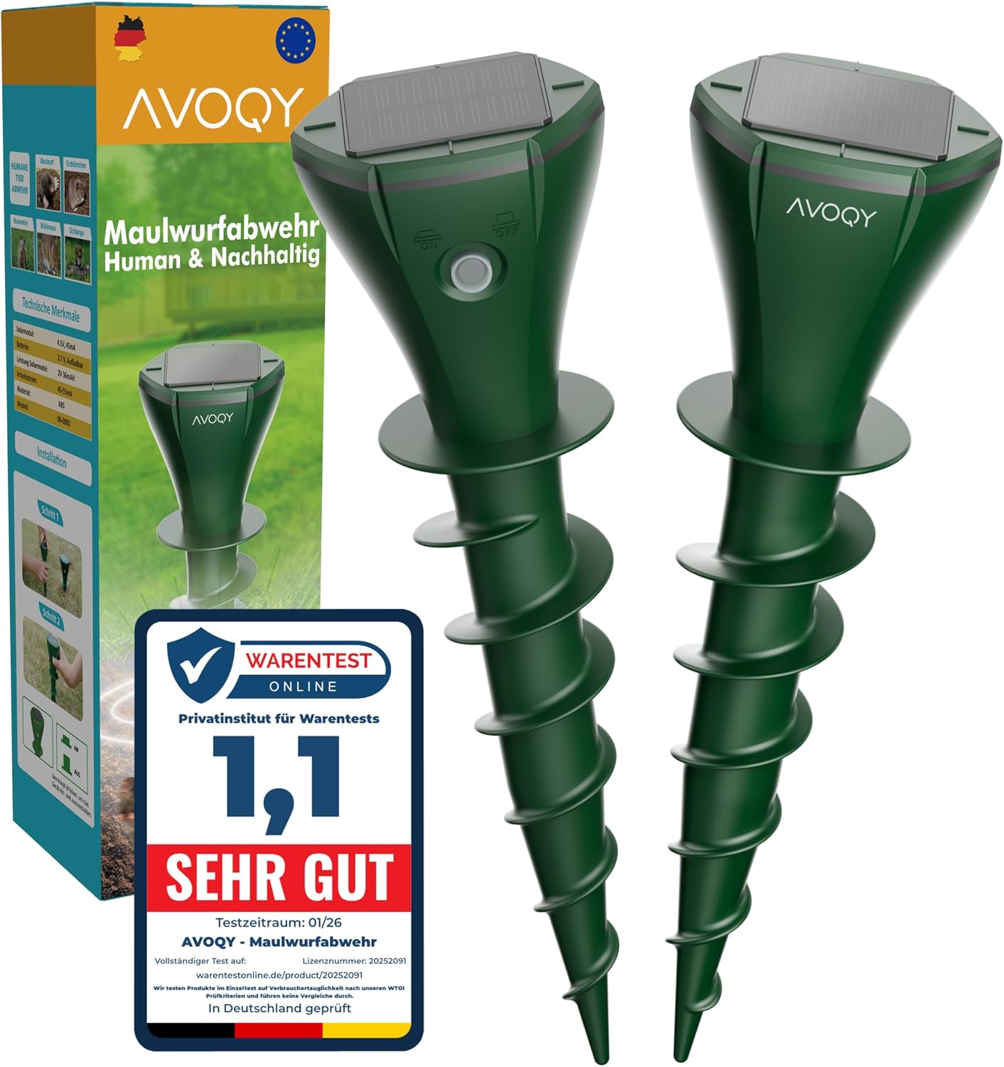 Technische Daten & Spezifikationen : AVOQY Maulwurf Vertreiber Solar 2er Set Ultra