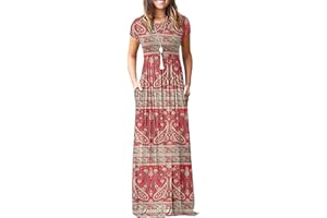 AUSELILY Damska luźna sukienka maxi z krótkim rękawem, luźna, na co dzień, z kieszeniami