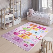 TAPISO Emma Kinderteppich – Waschbar Bei 30°C, Einhorn-Regenbogen-Motiv, 140x200 Cm, Antirutsch