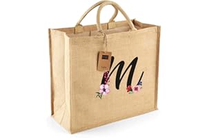 Colorfamily Borsa per la Spesa Juta Shopper Donna con Iniziale Floreale - Lettera M - 100% Juta Laminata