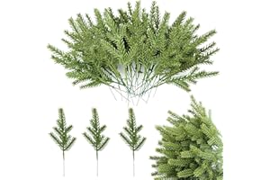 ZoneYan Ramas de Pino Artificiales, 60 Ramas de Pino Artificial de Navidad, Rama-s de Abeto de Navidad, Rama-s Decoracion Falsas, Simulación Verde Rama de Pin-o (Largo)