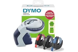 DYMO Etichettatrice per goffratura con 3 nastri per etichette, kit base per etichettatrice Omega, piccolo, design ergonomico con rotella di scatto, per casa, fai da te e artigianato (€, Å, Ä, Æ & Ö)