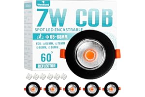Wondlumi 6X Spots Encastrés Plafond LED 7W COB Extra Plat pour Plafond Lumière Blanc Chaud 3000K, 240V 600lm Ronds Noirs Spots LED pour Salle de Bain, Salon, Chambre, Trou de 65-85mm