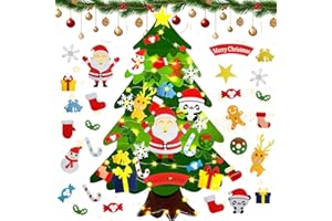 LOVEXIU Filcowa choinka dla dzieci, wiszące dekoracje świąteczne, prezenty świąteczne dla dzieci, z 28 dekoracjami i światłami LED, do ściany drzwi okiennych