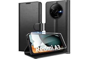 Eirltiy Coque pour Xiaomi Redmi A3 + 1 Verre Trempé Protection écran,[Housse Premium en Cuir PU][Fentes pour Cartes][Pochette de Portefeuille],Etui à Rabat pour Redmi A3 - Noir