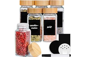 Happy Lemuro Gewürzgläser Eckig 120ml [6er Set] Gewürzgläser mit Streueinsatz, Bambusdeckeln, Etiketten in Schwarz | Gewürzbehälter Set, Gewürzaufbewahrung, Gewürz Gläser