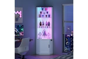 OUTDOOR DOIT 69" Corner Glass Display Cabinet with RGB Lights,3-Tier Movable Glass Shelves,Curio Display with Human Body Sensor,Bookcase with Storage Cabinet for Toys,Books,Collectibles,Liquor,White