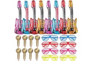 XZSKD 24 Pcs Photo Booth Props, Photobooth Party Props - Include 8 Inflatable Guitar, 8 Blow Up Microphone, 8 Colored Glasses, Inflatable Party Props for Kids Adult Fancy Dress Birthday Parties