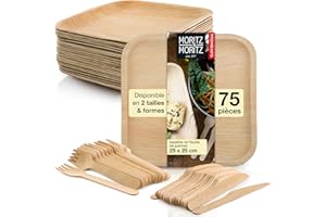 Moritz & Moritz 75 Pièces assiette jetable feuille de palmier - 25 Vaisselle - 25 Couverts Bois - Alternative à assiette bambou et plastique