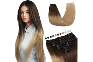 Elailite Extension Capelli Veri Clip #4/#27 Marrone Cioccolato shatush Biondo Scuro, 35cm 60g 8 Fasce Singole 100% Remy Human Hair Naturali Lisci