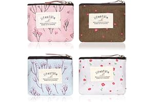 Zyghjort Lot de 4 mini trousses de maquillage en lin à motif floral pour sac à main, petite pochette à fermeture éclair en tissu mignon pour femmes et filles, maison, voyage, rouge à lèvres, pièces de