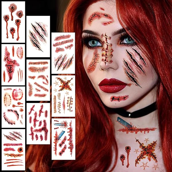12-teilige Halloween Gesichtstattoos - Temporäre Tattoos Für Gruselpartys & Cosplay
