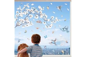 KAIRNE Vögel Fenstersticker,Weiß Blumen Fenster Aufkleber,Baum Blumen Wandtattoo für Wohnzimmer,Frühling Fensterdeko,Vögel Schmetterlinge Fensterbild,Pflanzen Blumen Wandsticker für Schlafzimmer Deko