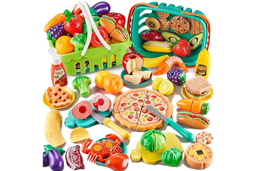 85Pc Pretend Play Food Sets for Kids Kitchen, Cutting toy food with 2 Baskets, Play Kitchen Accessories for Toddlers, Fake Food with Pizza Veggies Fruits, Kids Kitchen Toys, Boys Girls Gift.