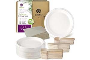 GOBETREE Stoviglie monouso 250 pezzi per 50 persone. Stoviglie ecologiche realizzate con canna da zucchero. Include 50 piatti, 150 posate in legno e 50 tovaglioli.