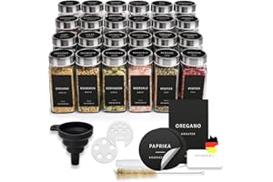 Happy Lemuro Gewürzgläser Eckig [24 x 120 ml] Gewürzbehälter mit 301 Etiketten, Edelstahldeckeln | Gewürzdosen Set | Gewürzaufbewahrung, Gewürzglas, Gewürz Organizer, Streueinsatz