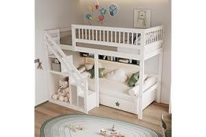 RIAZOS Kinderbett 90x200 cm, Hochbett mit Treppe und Regale, Funktionsbett Etagenbett mit Kleiderstange, Stockbett Spielbett Jugendbett, Weiß, ohne Matratze