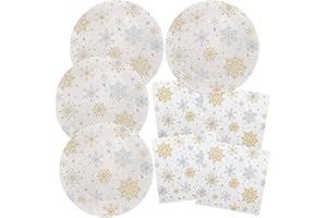 HNH Christmas Paper Plates and Napkins Set 40 Pieces Snowflake Gold Silver Party Tableware for Table Decorations