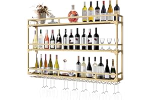 RAJYQODIS Estante para vino montado en la pared, soporte industrial para copas de licor de 3 niveles, estante colgante de metal para exhibición de botellas de vino, decoración para el hogar, bar (or, 120cm)