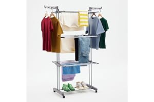 amazon basics Metal Indoor Clothes Drying Rack Tower With Foldable Wings And Movable Wheels (Silver & Grey)