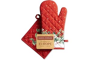 Maison d' Hermine Noel Ensemble de Gants de Four (19cm x 33cm) et maniques (20cm x 20cm) pour Barbecue, Cuisson, Four, Micro-Ondes, grillades, Thanksgiving, Noël