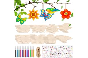 Muyohix Pack of 40 Craft Sets for Children, DIY Wooden Craft Child with Butterfly, Flower & Bird, Spring Children with Watercolour Pen & Gemstone Stickers, Decorative Cord, Crafts Children's Birthday