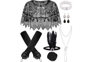 PLULON 8 Pezzi Anni '20 Flapper Accessori Set Paillettes Scialle Avvolge Fascia Piume Collana di Perle Bracciale Orecchini Guanti per Donna