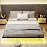 GOPLUS Floating Bed Frame Double Size, Modern Platform Bed with LED Lights, Sturdy Metal Slats and Storage Space, No Box Spri