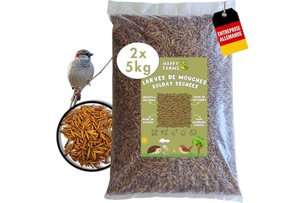 HappyFarms Larves de Mouches Soldats séchées – Plus de Calcium Que Les vers de Farine. 10 kg de Nourriture pour Oiseaux Sauvages, Poissons et hérissons