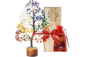 CROCON Albero della vita a 7 chakra - Albero della vita in cristallo con sette bicchieri di chakra vassoio base in legno pietre preziose cristallo regali spirituali albero artificiale albero decorativo