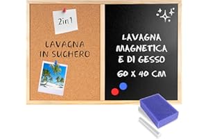 Creative Home Lavagna metà Sughero metà Magnetica 57 x 40 cm, anche Lavagna per Gesso | Cornice in Legno + 5 Magneti, Gesso, Spugna e Puntine | Bacheca Cucina da Parete per Ristorante, Scuola, Casa