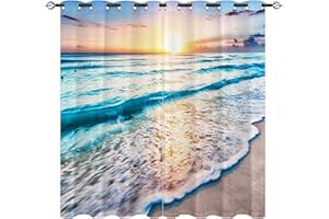 YUANZU Beach Curtains, Tropical Sea Beach Ocean Hawaiian Sunset Sea Waves Scenery 3D Pattern, Blackout Fabric Eyelet Window Drapes for Living Room Bedroom W117cm (46") x D229cm (90") 2 Panels