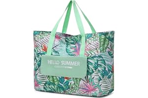 Myhozee Bolsa de Playa Mujer Bolsa Playa Grande XXL Familiar con Cremallera,Shopper Bolsa de Hombro Bolsos Totoes Verano, Impermeable, para Piscina, Picnic, Viajes, Hojas Verdes