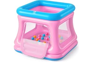 QPAU 3-in-1 aufblasbares Hüpfhaus für Kleinkinder 1-3, Bällebad & Trampolin, aufblasbares Hüpfhaus mit Sicherheitsnetz, Innen- und Außenbereich, Bubble Bouncer, Baby-Spielhof (Blau & Pink)